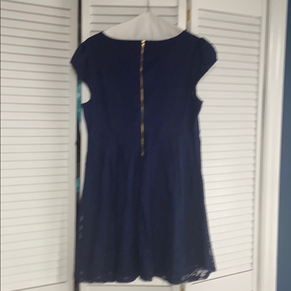 Navy Blue Lace Overlay Skater Dress - Picture 4 of 4